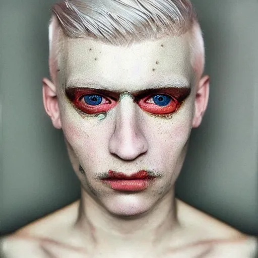 Prompt: color photo of a full platinum blond weirdo, shaved eyebrows, no eyebrow, pale skin, neurofibromatosis, realistic, high detail, high quality, trending on pinterest