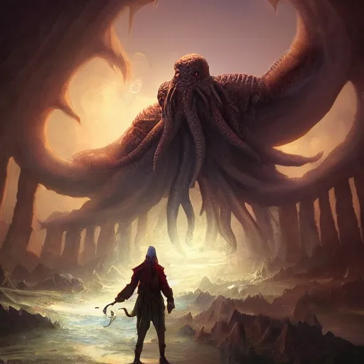 Image similar to gigantic cthulhu, small village for size comparison, dramatic light, painted by stanley lau, painted by greg rutkowski, painted by stanley artgerm, digital art, trending on artstation