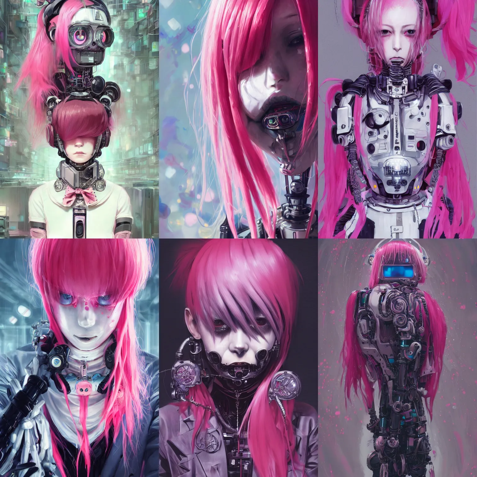 Image similar to by kyoto animation, very creepy cyber clown robot girl pink hair, tears from the eyes, wearing cyberpunk intricate streetwear, beautiful, detailed portrait, intricate complexity, ilya kuvshinov, cell shaded, 4 k, concept art, by wlop, ilya kuvshinov, greg rutkowski, sharp focus, volumetric lighting, cinematic lighting