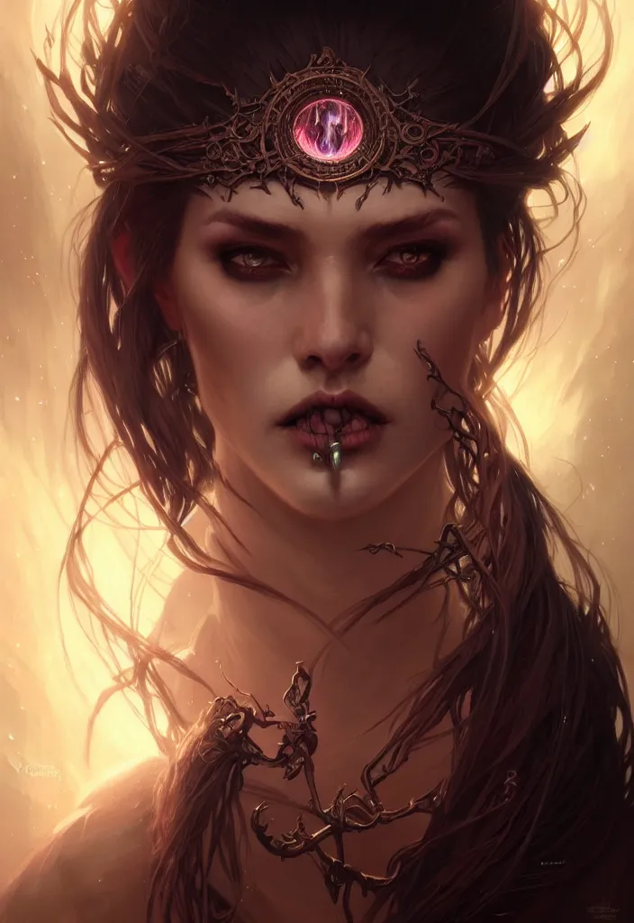 Image similar to Necromancer Sorceress face in center, fantasy magic, undercut hairstyle, dark light night, intricate, elegant, sharp focus, illustration, highly detailed, digital painting, concept art, matte, art by WLOP and Artgerm and Greg Rutkowski and Alphonse Mucha, masterpiece