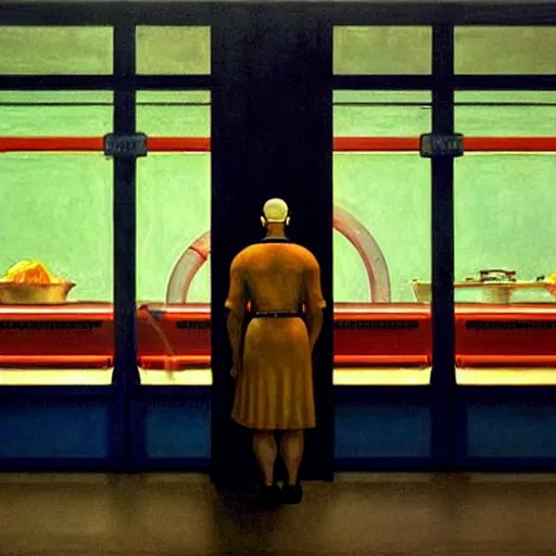 Prompt: the engineer from the movie prometheus, wearing a soiled apron, service shirt order foor in a cyberpunk diner, art by edward hopper, high quality film stock, noir lighting