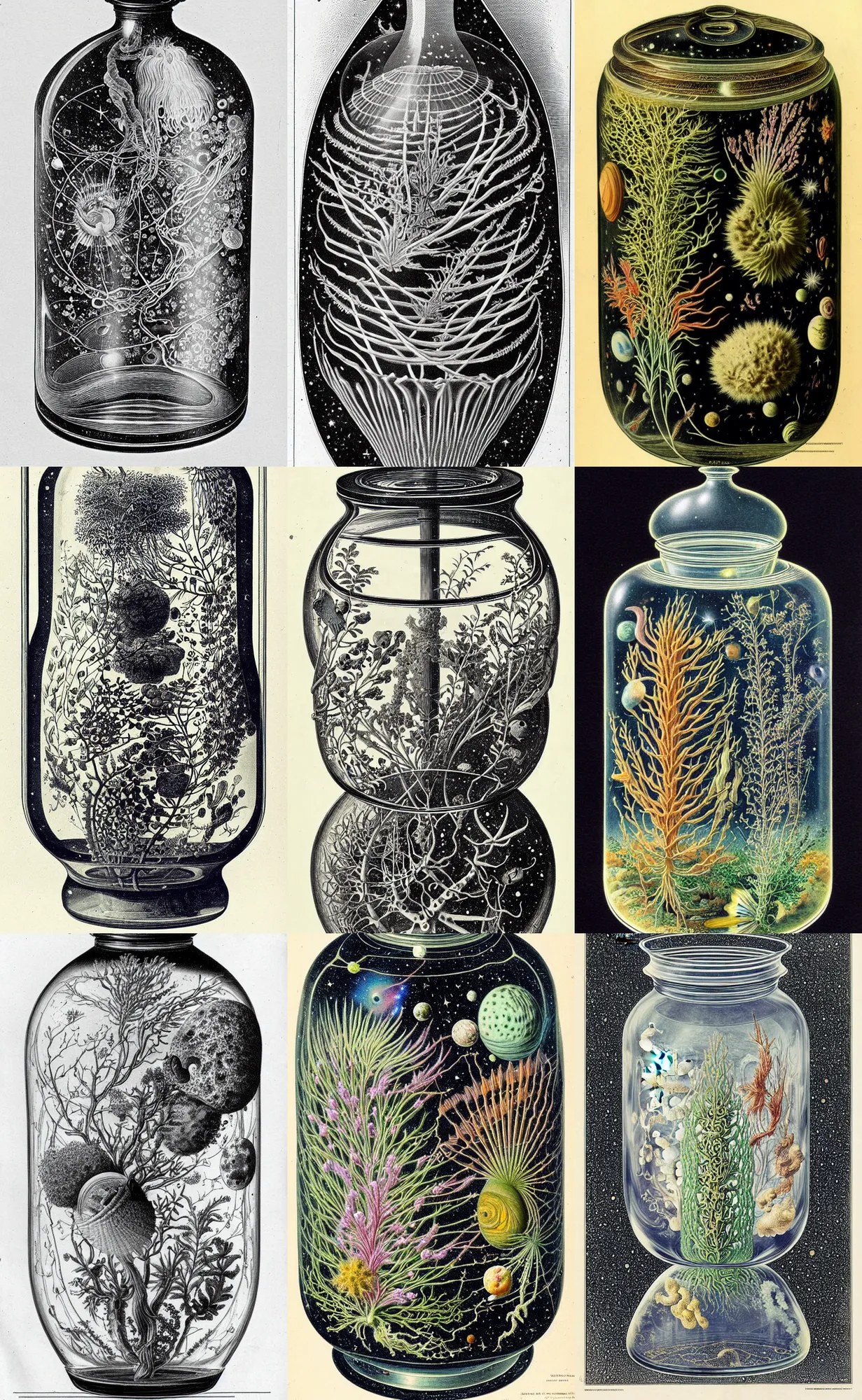 Prompt: glass jar with very rich and very beautiful space and galaxies inside zoological scientific illustration, made by Ernst Haeckel