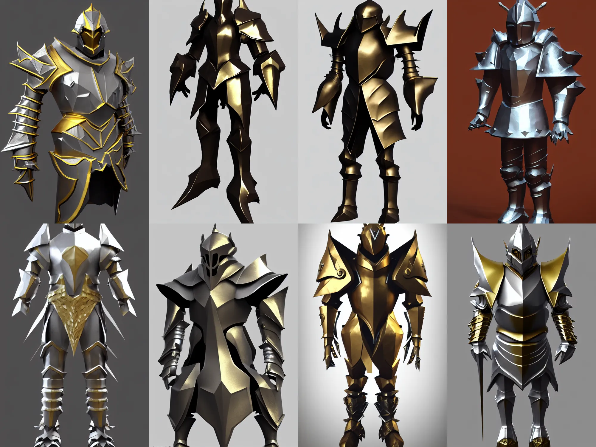 Prompt: low poly render of fantasy boss armor, silver with gold trim, huge pauldrons, medieval fantasy, extremely clean, flat shading, exaggerated proportions, trending on Artstation, heroic fantasy character concept, HD Octane render, 8k