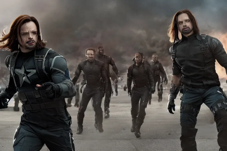 Image similar to film still of Bucky Barnes Winter Soldier fighting zombies in new avengers movie, 4k