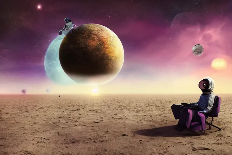 Prompt: gediminas pranckevicius astronaut sitting at the beach next to his spaceship on a pink, blue, purple alien planet watching the sunset, surreal photography, dark night, stars, planets, moon light,