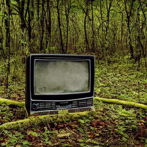 Image similar to a 1970's television abandoned in a forest, overgrown with vines, 4k, realistic