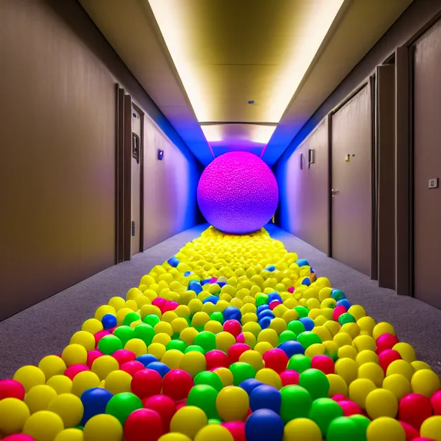 Prompt: endless corridor where the floor is made of a ball pit, highly detailed, 8 k, hdr, smooth, sharp focus, high resolution, award - winning photo