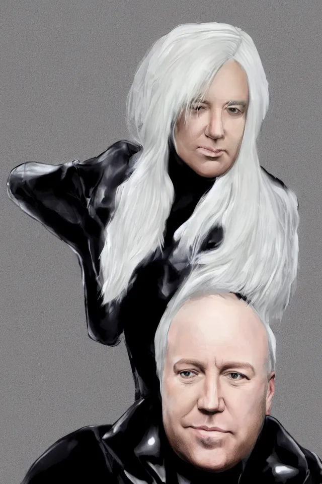 Image similar to a pale white hair Alex Jones in a black latex acronym cape, in the style of mike dringenberg and ashley wood