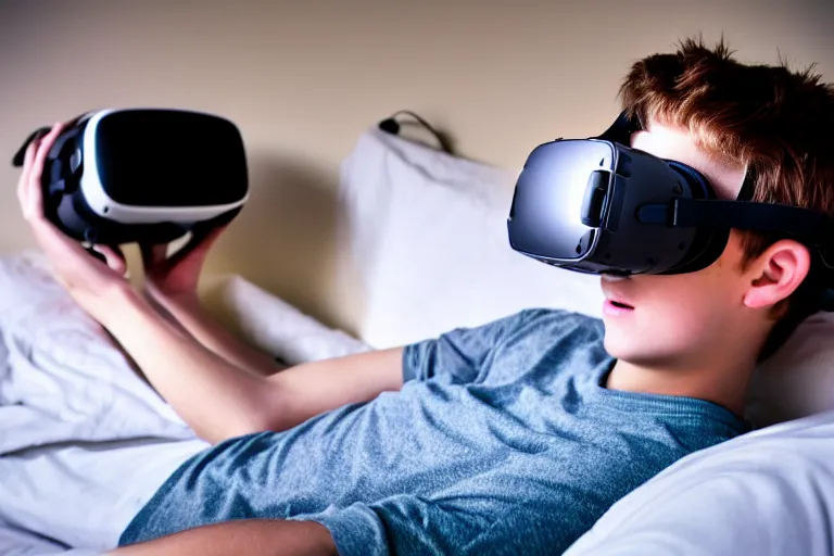 Image similar to A stock photo of a teenage boy laying in bed with a bunch of stuff wearing a VR-headset, featured on flickr, cluttered room