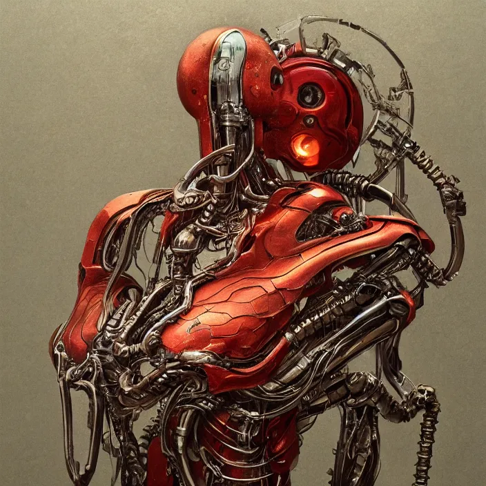 Prompt: in the art style of H.R. Giger,a portrait of a ruby Ultron from Age of Ultron, clockwork steampunk, isometric art style, head and chest only, by Beksinski, 4k, deviantart, trending on artstation