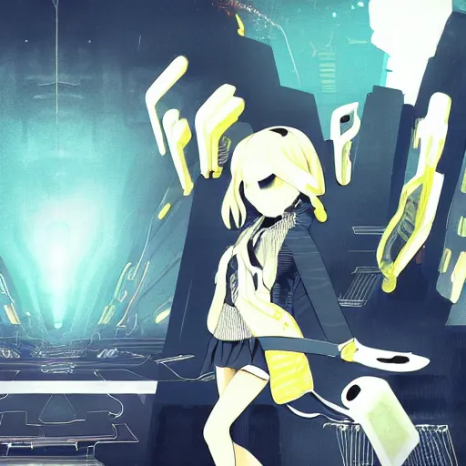 Image similar to Frequency indie album cover, luxury advertisement, yellow filter, white and gray colors. Clean and detailed post-cyberpunk sci-fi close-up schoolgirl in asian city in style of cytus and deemo, blue flame, relaxing, calm and mysterious vibes, by Tsutomu Nihei, by Yoshitoshi ABe, by Ilya Kuvshinov, by Greg Tocchini, nier:automata, set in half-life 2, Matrix, GITS, Blade Runner, Neotokyo Source, Syndicate(2012), dynamic composition, beautiful with eerie vibes, very inspirational, very stylish, with gradients, surrealistic, dystopia, postapocalyptic vibes, depth of field, mist, rich cinematic atmosphere, perfect digital art, mystical journey in strange world, beautiful dramatic dark moody tones and studio lighting, shadows, bastion game, arthouse