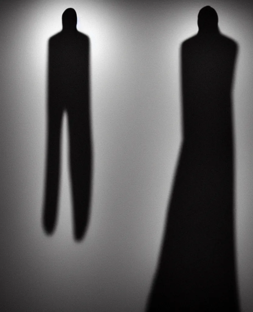 Prompt: a dark menacing shadow figure standing at the edge of your bed, staring at you