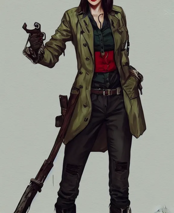 Image similar to Hunt Showdown fanart cosplay female hunter, modeling, posing, trenchcoat, white shirt, quality lighting, dark colors, maximalism, ultra facial detail, epic, gta 5 skin tone, Tooth Wu Artgerm Greg Rutkowski artstation deviantart, 8k, fanart, extreme aesthetic