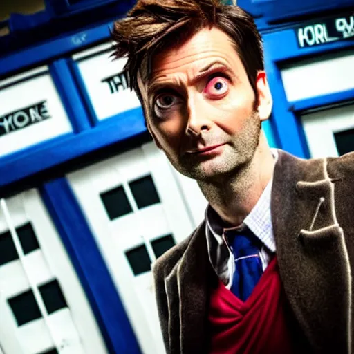 Prompt: closeup promotional image of an David Tennant as Doctor Who at a polka dance-off contest at the YMCA basketball gym, around the gym everyone is cheering, in the background the Tardis door is wide open to the interior, frenetic, quirky, movie still, promotional image, imax, 4K