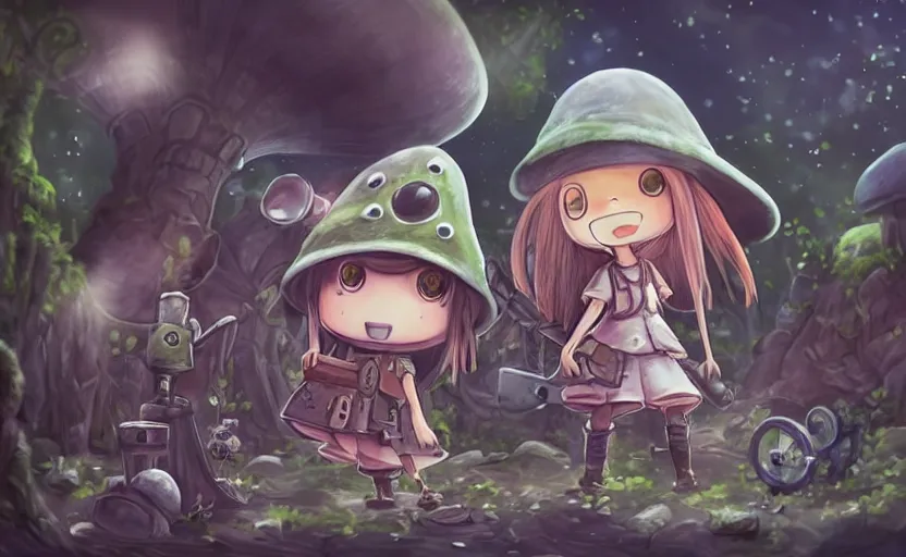 Prompt: cute little girl with an long hair wearing an mushroom hat and holding an cute cannon in the dark forest next to a sinister monster, cute artwork, clean detailed art, inspired made in abyss, detailed background, fantastic world, spectacular quality