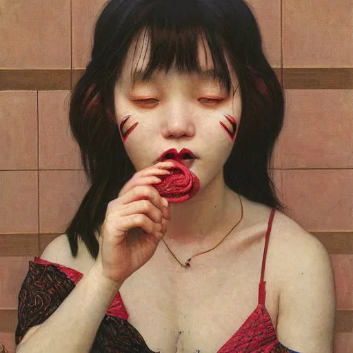 Image similar to girl eating ramen, portrait face, colorful, frantisek kupka, intricate, miles johnston, kuroda seiki, cynical realism, ozabu, john william godward, painterly, yoshitaka amano, moebius, miles johnston, louise zhang, james jean, mark ryden lowbrow pop surrealism art style