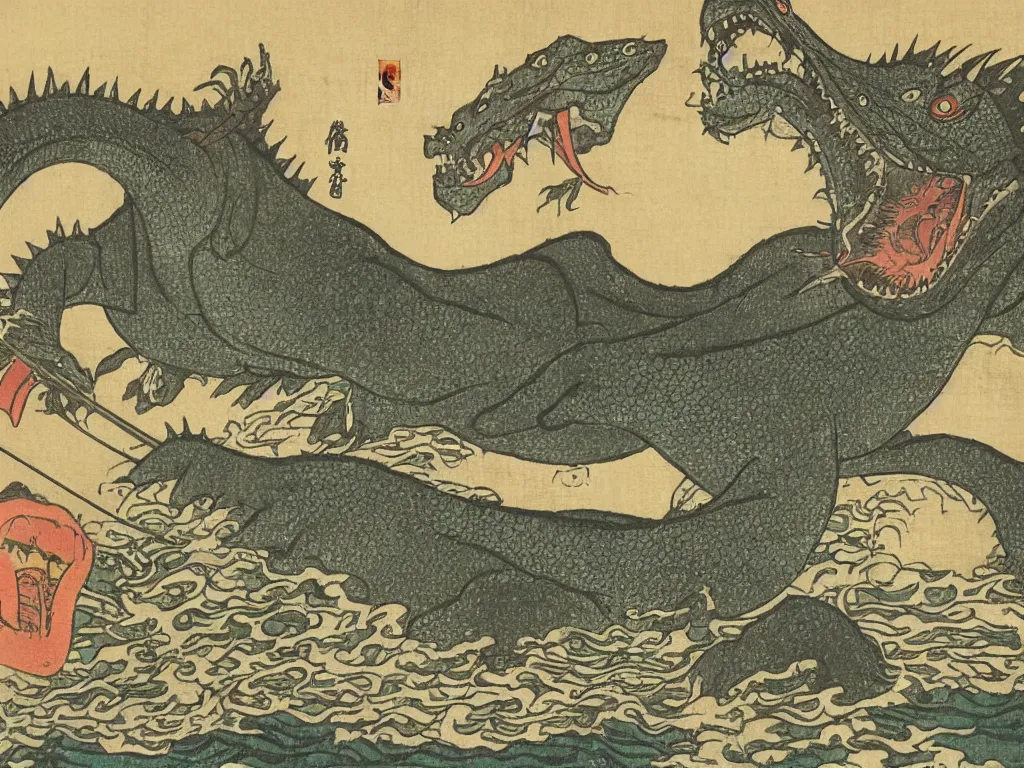 Prompt: edo period japanese woodcut of godzilla emerging from the ocean beside a peaceful fishing village