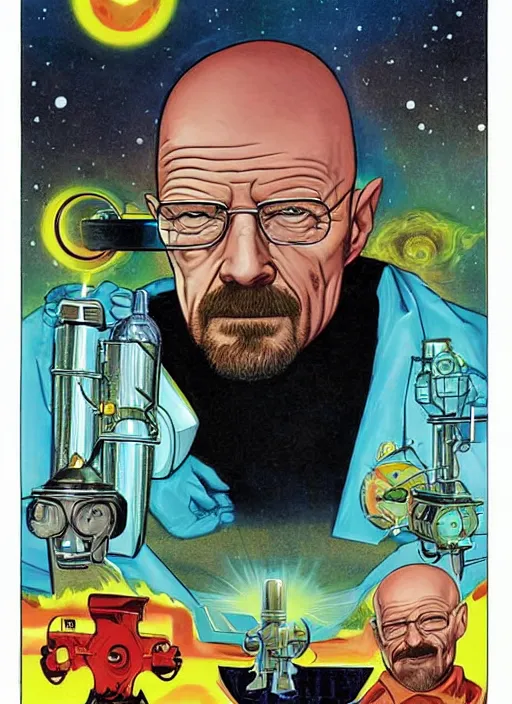 Prompt: Walter White as space wizard in retro science fiction cover by Kelly Freas (1965)