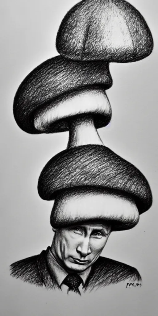 Prompt: vladimir putin with a mushroom cloud hat, cartoonish, ultra detailed pencil drawing