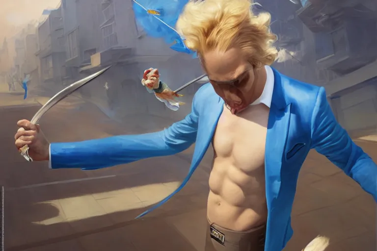 Prompt: a blond man in a blue suit attacked by flying swords, organic painting, sunny day, matte painting, bold shapes, hard edges, street art, trending on artstation, by huang guangjian, gil elvgren, ruan jia, randy vargas, greg rutkowski