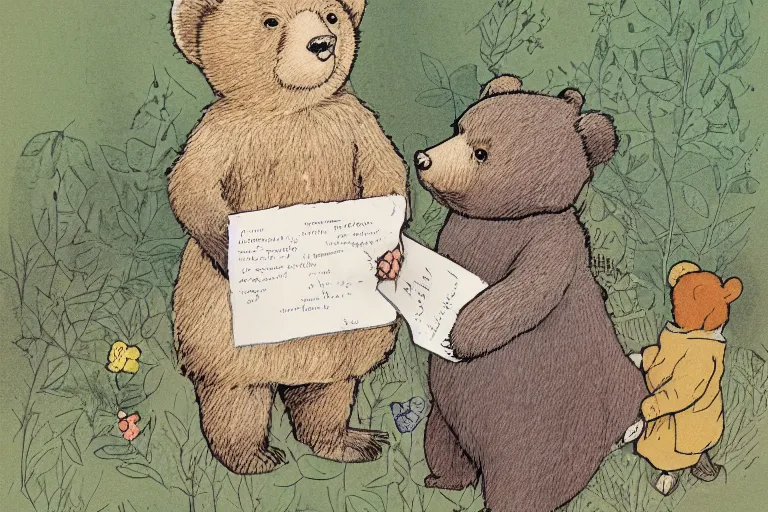 Image similar to a detailed children's book illustration by beatrix potter of a cute female bear child holding an envelope with a look of surprise surrounded by woodland animals. digital art, trending on artstation.