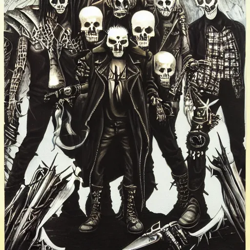 Image similar to a portrait of the grim reaper as a punk rocker, punk, skeleton face, mohawk, dark, fantasy, leather jackets, spiked collars, spiked wristbands, piercings, boots, guitars, motorcycles, ultrafine detailed painting by frank frazetta and vito acconci and will eisner, detailed painting
