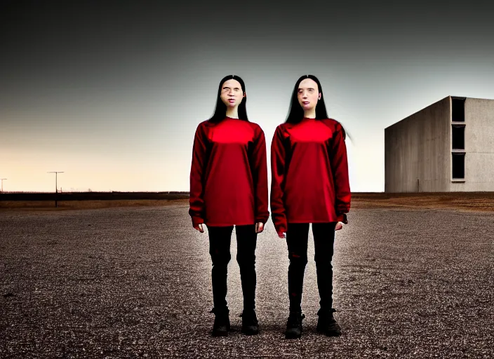 Image similar to photographic portrait of 2 clones in front of a brutalist metal building, 2 techwear women, on a desolate plain, red sky, black oversized clothes, sigma 8 5 mm f / 1. 4, 4 k, depth of field, high resolution, 4 k, 8 k, hd, full color