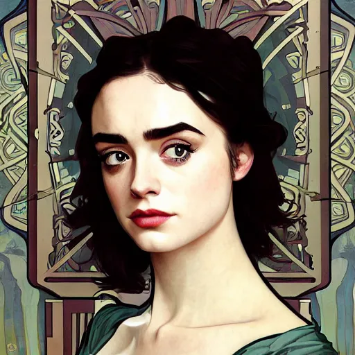 Image similar to portrait of a combination of Ashley Green, Maisie Williams, Krysten Ritter, Anne Hathaway and Adriana Dxim, Grace Kelly and Lily Collins by Alphonse Mucha, trending on artstation