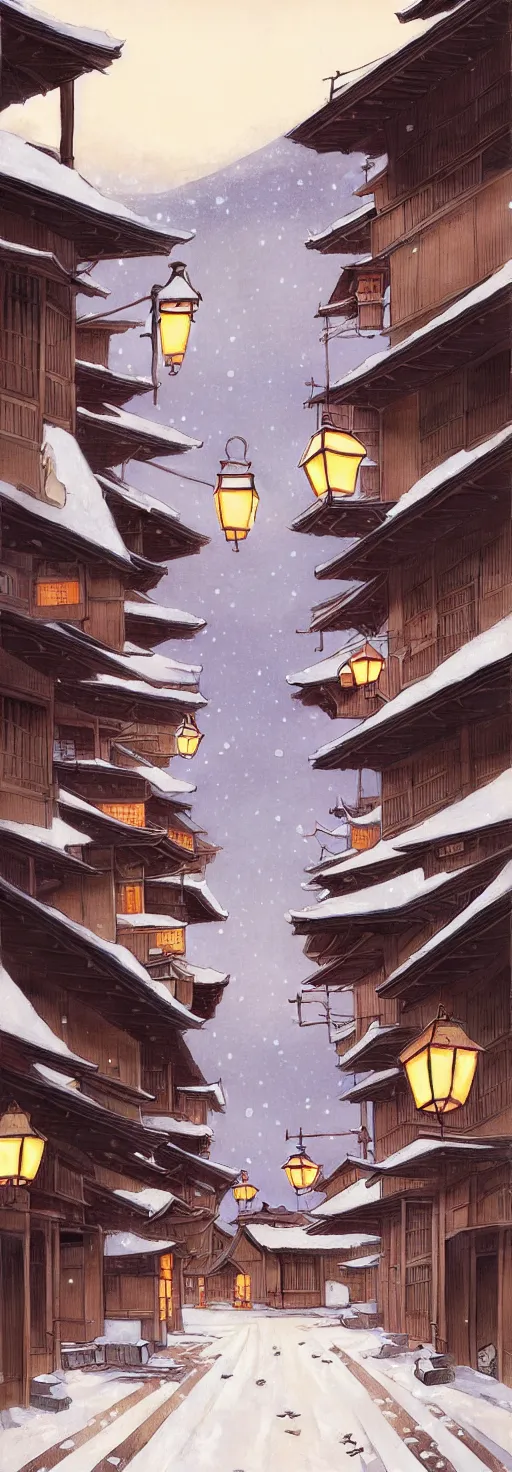 Image similar to empty rural japanese town at night, winter, in the style of studio ghibli, j. c. leyendecker, greg rutkowski, artem