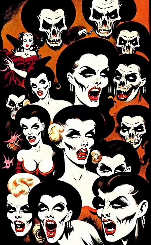 Prompt: witches sabbath, detailed faces, psychobilly, rockabilly, punk, white background, vector art, illustration by frank frazetta