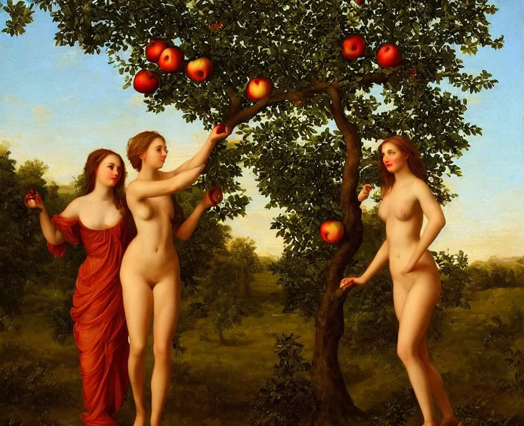 Prompt: Beautiful naturalistic women stand on the side of a lonely apple tree facing the camera holds apple in hand, classical painting, symmetrical, realism, golden hour