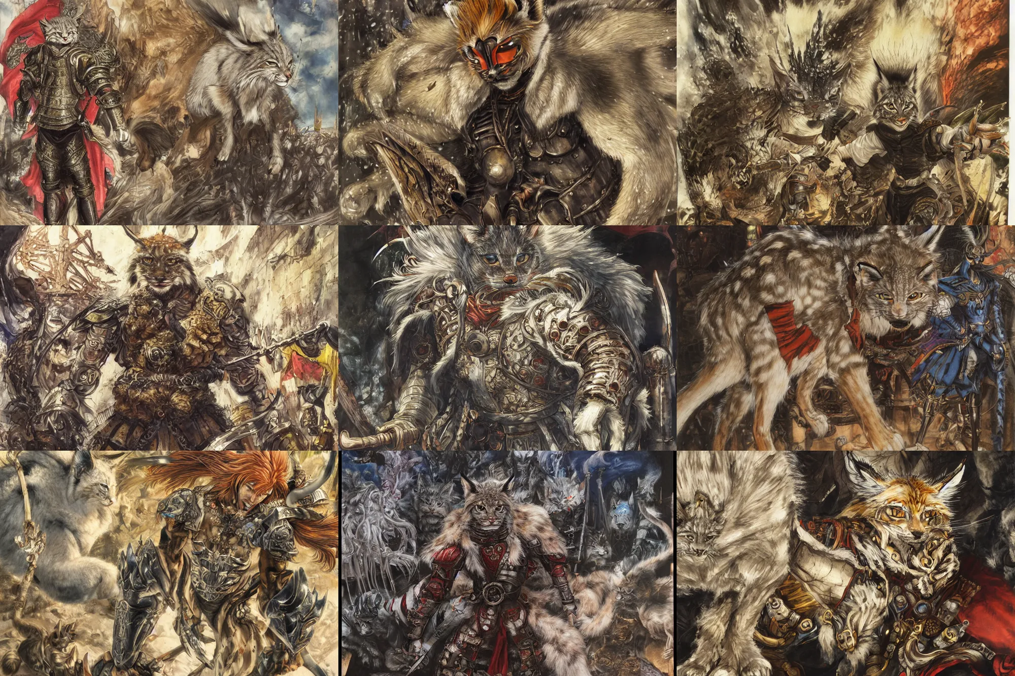 Image similar to 8k Yoshitaka Amano painting of upper body of a young cool looking lynx beast-man with white mane at a medieval market at windy day. Depth of field. He is wearing complex fantasy armors. He has huge paws. Renaissance style lighting.