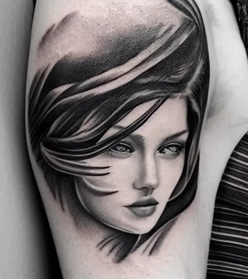 Image similar to tattoo design sketch of a beautiful woman face with a faded background of beautiful mountains and nature on her side, hyper - realistic, in the style of den yakovlev, amazing detail, black and white