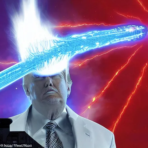 Image similar to Donald Trump shoots plasma beams out of his nanotech cybernetic arm, a plate on his arm slides back to reveal the mechanical workings on the inside