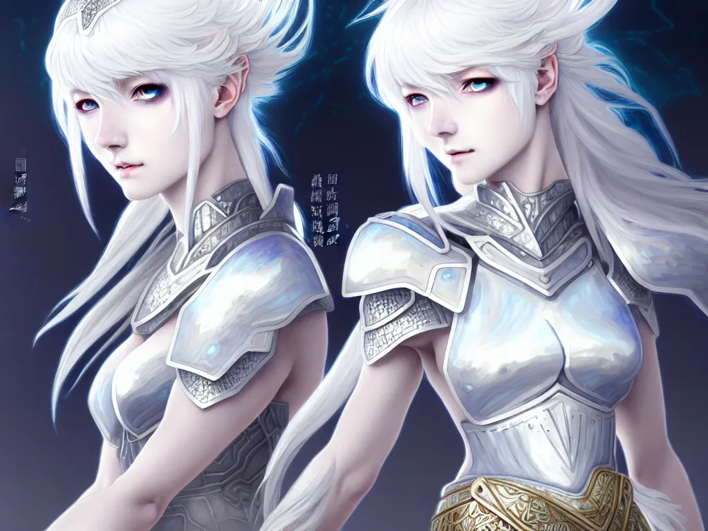 Prompt: portrait white hair knights of zodiac girl, matt white ice color armor, in ruined agora of athens sunrise, ssci - fi and fantasy, intricate and very beautiful and elegant, highly detailed, digital painting, artstation, concept art, smooth and sharp focus, illustration, art by ayanamikodon and tian zi and alphonse mucha and wlop