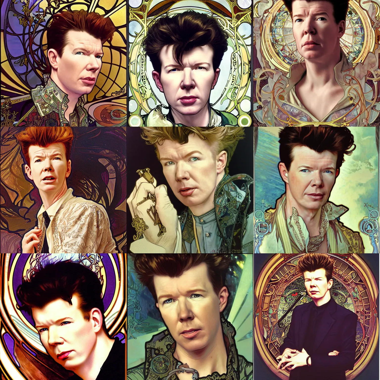 Prompt: realistic detailed face portrait of rick astley in music video by alphonse mucha, ayami kojima, amano, greg hildebrandt, and mark brooks, art nouveau, neo - gothic, gothic