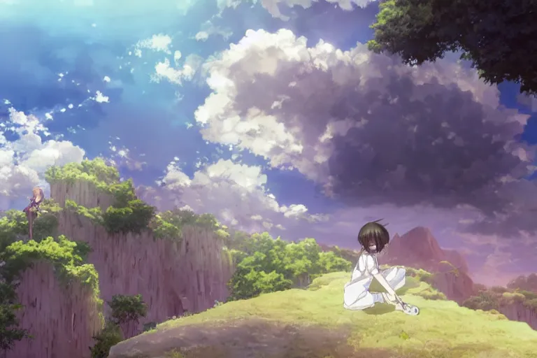 Prompt: a vast scene, panorama distant view, anime art full body portrait character concept art, hyper detailed scene render of a boy and white lion, anime key visual of violet evergarden, finely detailed perfect face delicate features directed gaze, in the white clouds fairyland, trending on pixiv fanbox, violet evergarden, studio ghibli, james jean, extremely high quality artwork