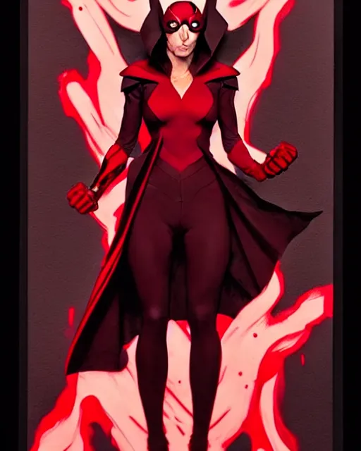 Image similar to rafael albuquerque comic art, peter mohrbacher, phil noto, artgerm, pretty evil elizabeth olson scarlet witch, black and red dress, symmetrical eyes