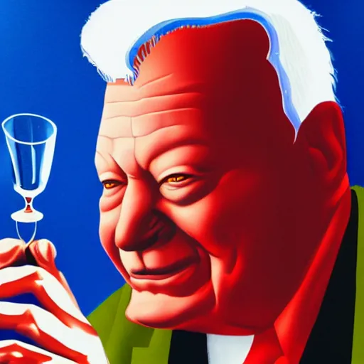 Image similar to yeltsin with red eyes holding a bottle of vodka, creepy realistic art in color