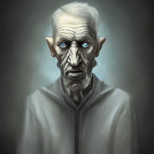 Image similar to eerie portrait of creepy pale old man with fish like facial features, painted, trending on art station, love craftian, dark lighting