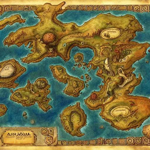 Image similar to simple fantasy map, the land of Odrua, several continents arranged in an arc, world of Lute, by JRR Tolkien and Brian Froud, Vatican Map Room, fantasy concept painting, Magic The Gathering Art, trending on art station, oceans, continents, unmarked