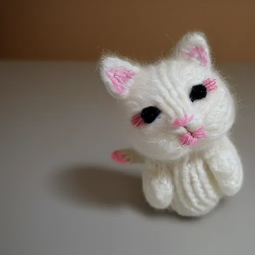 Prompt: photo of a miniature knitted kawaii cat.