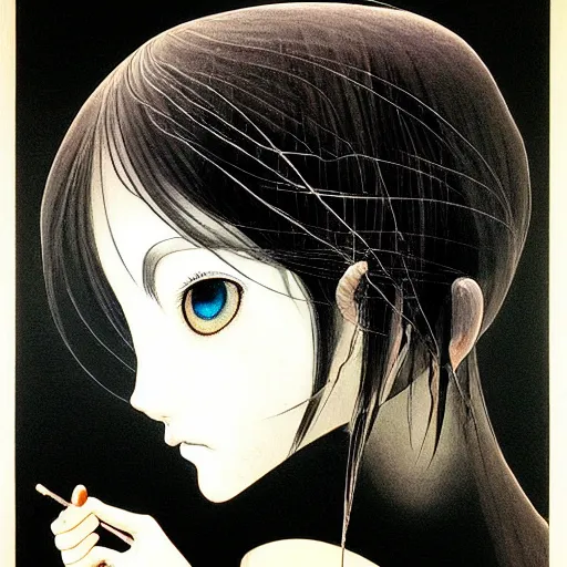 Image similar to prompt: Black and white Fragile looking vessel portrait face drawn by Katsuhiro Otomo, nymph in the water performing alchemy, intricate oil painting, soft light, intricate detail, intricate oil painting detail, sharp high detail, manga and anime 2000