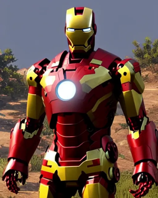 Image similar to iron man styled mech suit in red dead redemption 2, cinematic, photorealistic