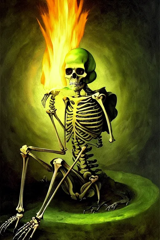 Prompt: hieronymus bosch, greg rutkowski, anna podedworna, painting of a skeleton wizard burning with green fire, green glowing runes, evil glow, light from cracks in ground