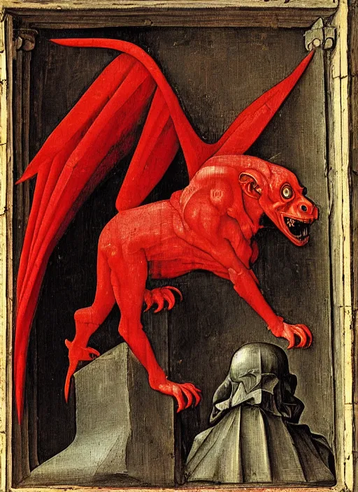 Image similar to red devil Gargoyle, Medieval painting by Jan van Eyck, Hieronymus Bosch, Florence