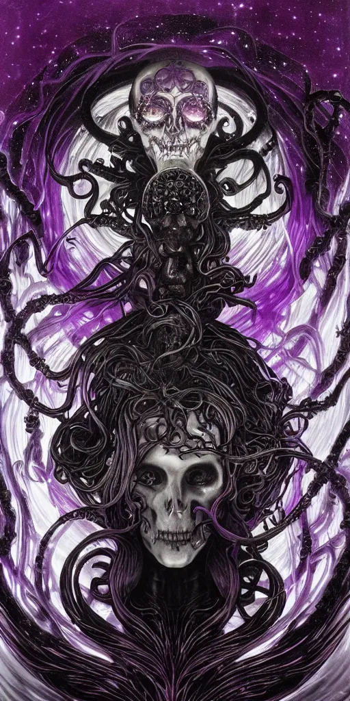 Prompt: intense glowing black metal pagan god with tentacles and intense black eyes with a skull in very dark purple cosmic space nebula by karol bak and alphonse mucha and artgerm, portrait, fantasy, clear, light beams, lens flare, soft, uhd, amazing depth, cinematic lighting, violet and magenta and black and white and metallic silver