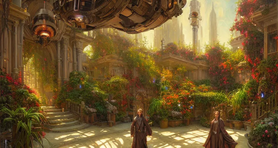 Prompt: an oil painting by donato giancola, warm coloured, highly detailed cinematic scifi luxurious futuristic victorian garden courtyard with bulbous alien floral fungi, beeple, halo, star wars, ilm, star citizen, halo, mass effect, artstation unreal, 4 k, 8 k, hd