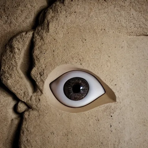 Prompt: close - up museum photo of sculpture of an ancient stone eye, almond shape, the white limestone sclera, the black stone pupil, greece, rome, studio lighting, professional, promo,