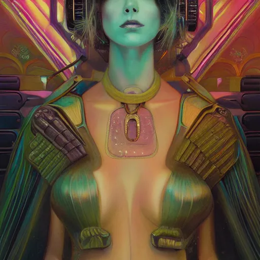 Image similar to a highly detailed portrait of a futuristic blade runner princess, neon colored dress, beautiful detail and color, art by john collier and albert aublet and krenz cushart and artem demura and alphonse mucha, volumetric lighting, octane render, 4 k resolution, matte, sharp focus, illustration, art by jacque - louis david, baroque style